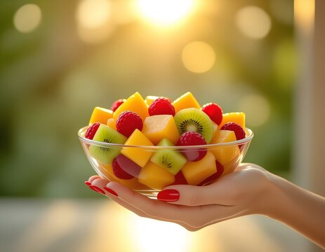 Estate: salutare merenda con frutta estiva, macedonia, succo, gelato e vitamine