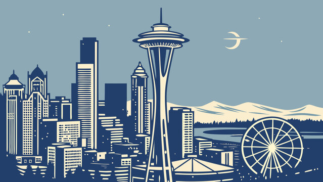 Seattle skyline including space needle and wheel under a crescent moon