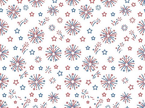 Red and blue fireworks and stars create a festive seamless pattern on a white background, celebrating holidays.