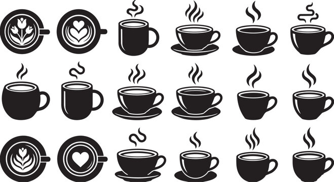Assorted coffee cups and latte art icons collection set with cappuccino espresso beverage
