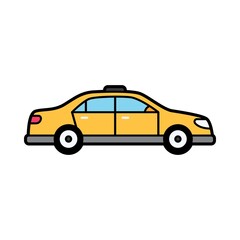Fototapeta premium Cute yellow taxi car illustration in simple flat cartoon style with clean outline, urban transportation vehicle isolated on light background.
