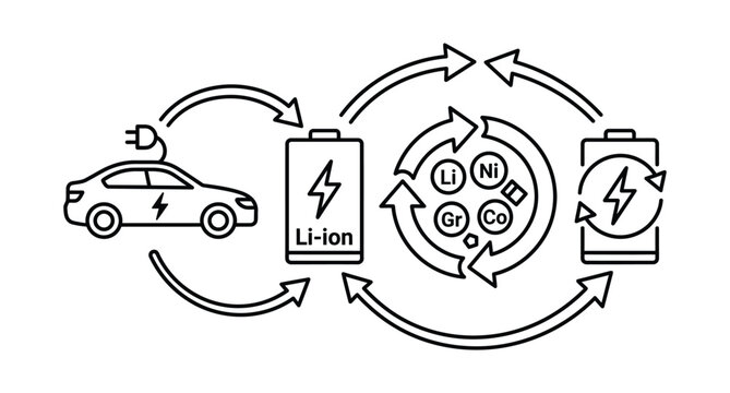 Electric vehicle battery lifecycle and lithium ion recycling cycle vector illustration