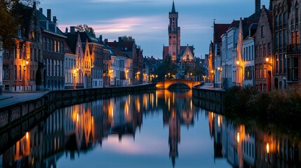 Fototapeta premium Medieval Twilight: The Historic Centre of Bruges and Its Belfry Tower Reflected in the Tranquil Canals at Blue Hour