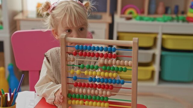 Little blonde girl slides beads on a wooden abacus with fingers in a building playroom; concentration learning.