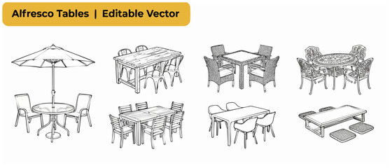 Obraz premium Outdoor patio dining table set vector line drawings for backyard garden cafe design illustrations including picnic table umbrella and wicker chairs sketch isolated on white background layout set pack.