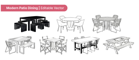 Obraz premium Patio Dining Furniture Vector Illustration featuring modern outdoor table and chair sets for backyard design, garden picnic benches, and terrace seating line art icons isolated on white background.