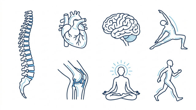 Blue Wellness & Health Icon Set &ndash; Spine, Heart, and Brain Care