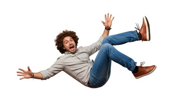 Shocked Young Man Falling Down with Surprised Expression Isolated on White Background Concept of Accident or Failure