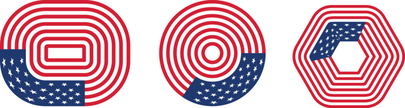 USA patriotic geometric icons featuring abstract maze circles and hexagon shapes with American flag colors. Modern vector symbol collection for branding. Creative national design set.