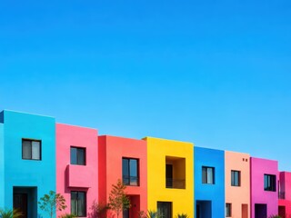Fototapeta premium Vibrant Houses Under Blue Sky: A row of contemporary homes painted in bold, diverse colors stands out against a clear, bright blue sky, creating a cheerful and visually striking scene.