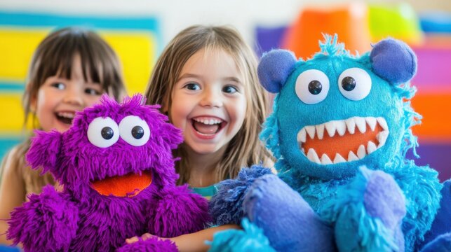 Happy girl playing with expressive monster puppets indoors