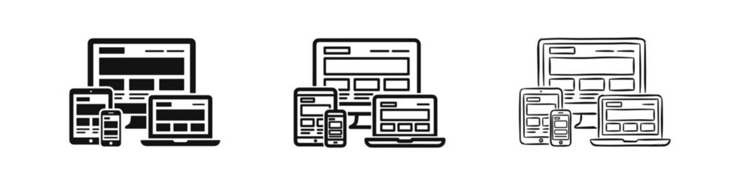 Responsive web design icons set showing desktop monitor laptop tablet and smartphone in different styles