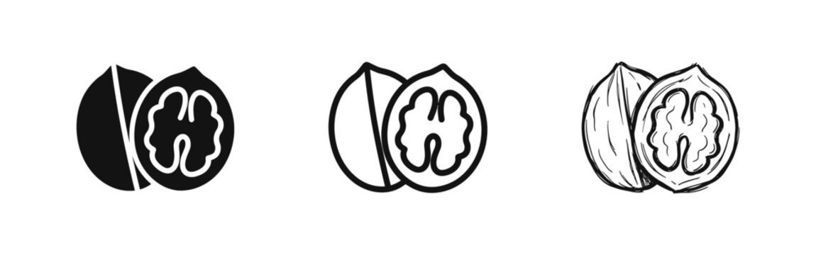 Walnut icon set with whole nut and half kernel in solid line art and hand-drawn styles