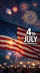 Obraz premium Vibrant fireworks illuminate the sky as an American flag waves during a festive Independence Day celebration.