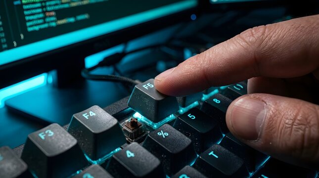 Close-up of a Programmer's Hand Pressing the F5 Key on a Backlit Mechanical Keyboard with Code on Screen