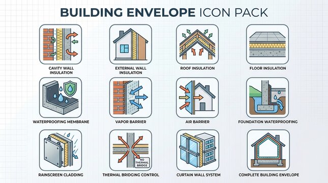 Building Envelope Icon Pack with Insulation Waterproofing and Thermal Control Line Icons