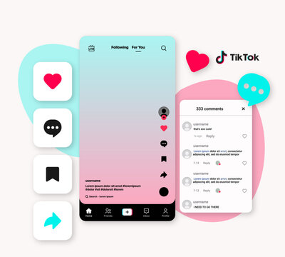 TikTok Short Video Interface with Engagement Metrics and Comment Section. Modern Social Media Content Feed Screen for Mobile Application Design.