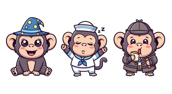 Three cartoon monkeys in different costumes and poses.