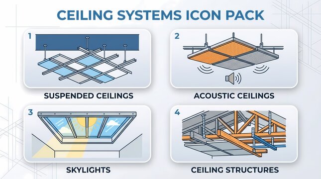 Ceiling Systems Icon Pack Featuring Suspended Acoustic Skylight and Structural Ceiling Designs
