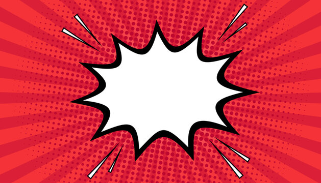 Blank comic book speech bubble on red halftone background, retro pop art explosion shape, empty white boom burst graphic, vintage radial sunburst design, action dialogue balloon, vector illustration.