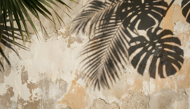 Tropical leaf shadows on sun-faded vintage limewash wall