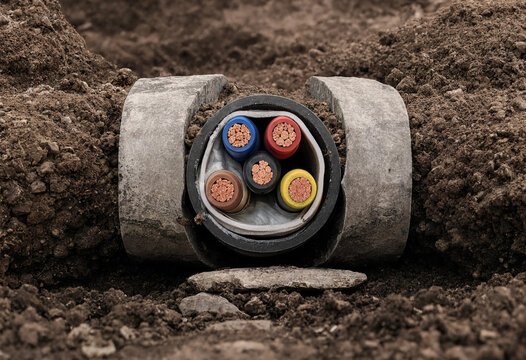 Cross section of a thick underground electrical cable with five colored wires inside a concrete pipe buried in dark brown soil earth