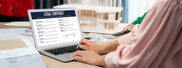 Naklejka premium Digital legal contract provide terms and conditions document on computer screen ready for online digital signature for deal agreement of future business brisk