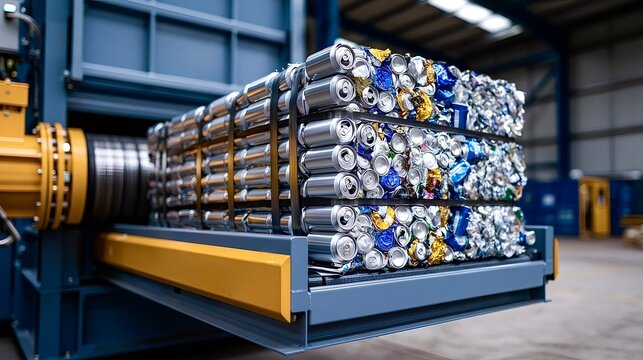 Bales of aluminum cans exiting recycling baler machine
