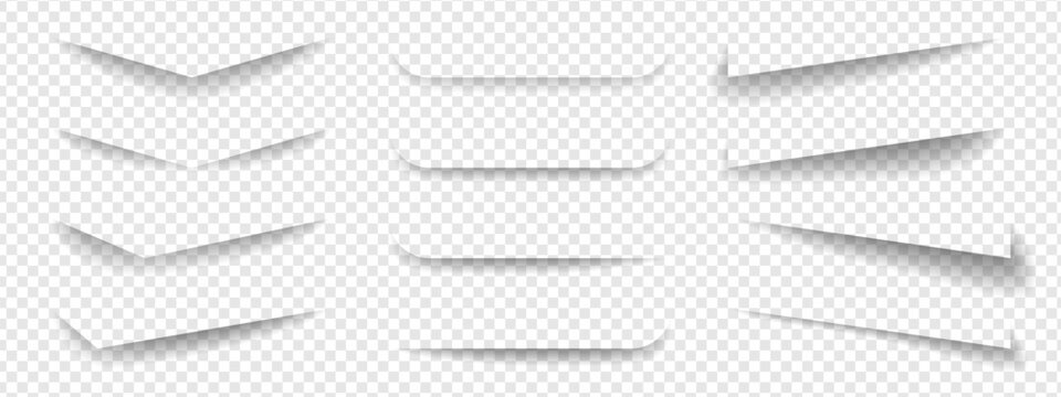 Realistic paper drop shadow vector effect. 3D soft gradient edge overlay mockup design. White page border rectangle box element transparent background graphic.