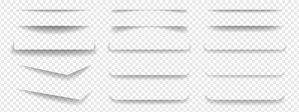 Realistic drop shadow page edge effect. 3D soft gradient grey shade surface overlay mockup design. White rectangle box card border element graphic vector.