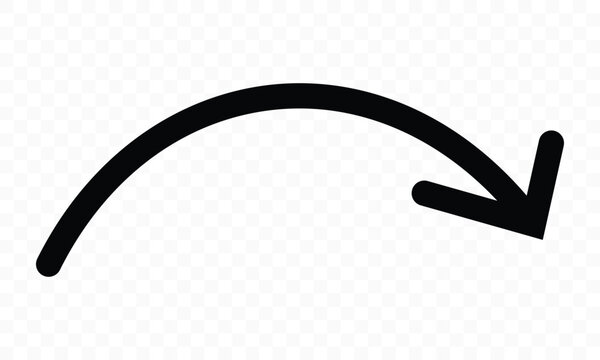Curved arrow pointing downwards and to the right indicating direction change or flow on isolated transparent background, simple graphical symbol representing movement turn or progress in design.