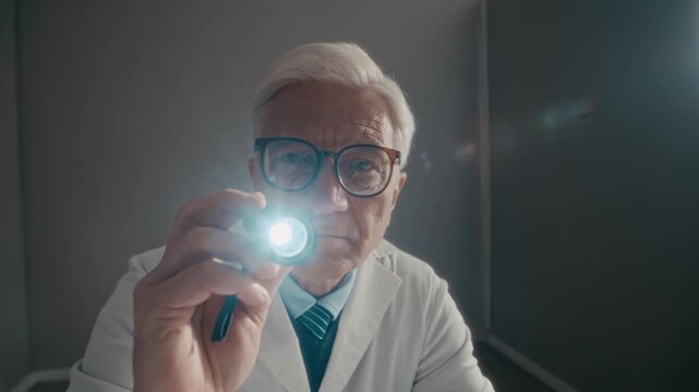 Chest up of senior Caucasian male doctor shining flashlight into camera, performing examination from patient point of view. Ideal for medical training videos or mental health clinic promotions