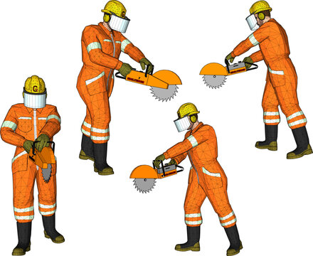 Four step character pose of road maintenance workers walking on asphalt wearing industrial safety uniforms and reflective helmets