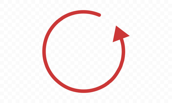 Red circular arrow vector icon, reload or refresh symbol, update sign graphic element, undo pictogram, round pointer illustration, restart process indicator, rotate direction button isolated.