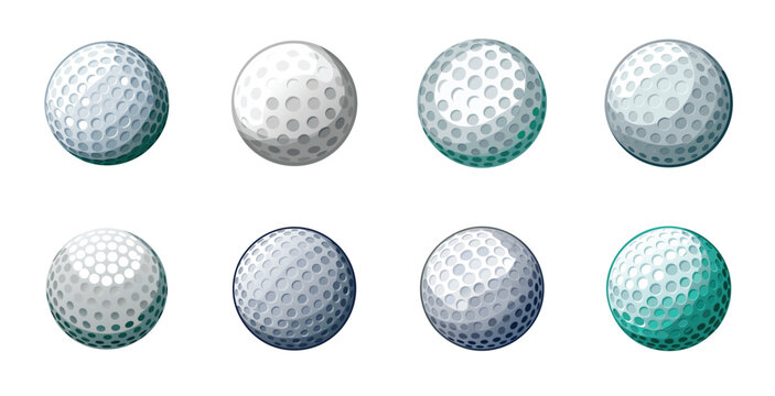 Collection of eight golf balls with various shaded dimples