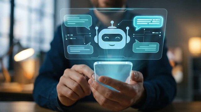 AI Virtual Assistant and Automated Chatbot Concept: Floating Holographic Smiling Robot Icon and Connected Teal Speech Bubbles above Blurred Businessman Hands