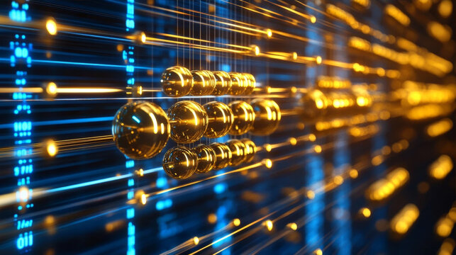 Futuristic golden metal spheres arranged dynamically in a glowing blue digital data stream.