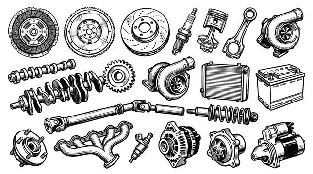 Various car engine and chassis parts are illustrated in a detailed black and white line art style on a clean white background