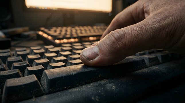 Close-up of a dirty hand pressing a worn-out, dusty computer keyboard in a dark, atmospheric workspace.