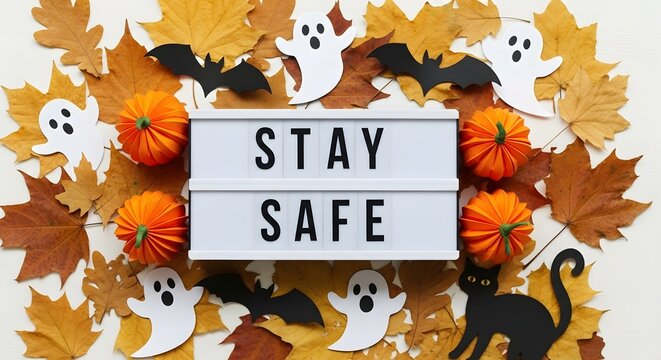 Halloween background with stay safe message on a lightbox surrounded by autumn leaves, paper ghosts, bats, pumpkins, and a black cat