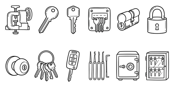 Various hand-drawn black and white security icons, including keys, locks, a safe, and lock picking tools, arranged on a clean white background