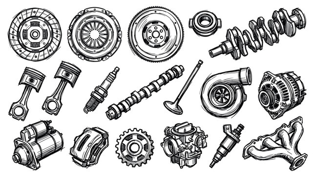 Various detailed black and white hand-drawn car engine parts are arranged on a clean white background, showcasing automotive components