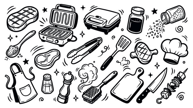 Various hand-drawn black and white barbecue and grilling tools with food items on a clean white background, cartoon style