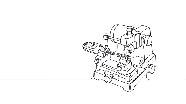 Continuous line drawing of a key duplication machine with a car remote key and a blank key, on a clean white background