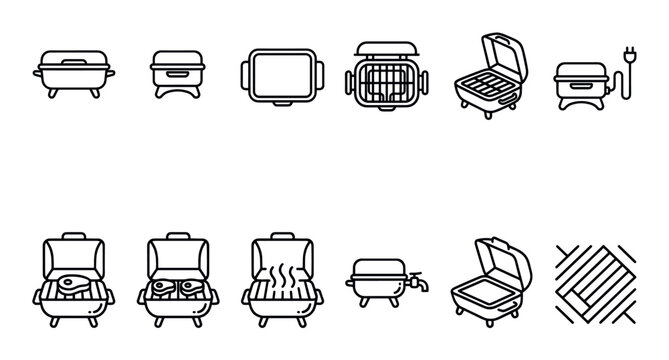 Collection of various outline icons depicting different types of portable barbecue grills and related cooking elements on a clean white background