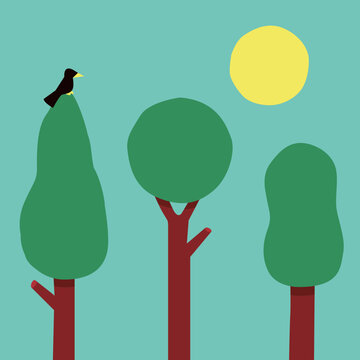 Three Trees with Bird and Sun