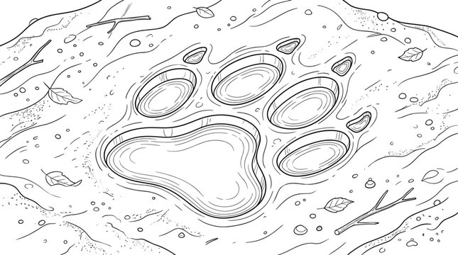 Detailed animal paw print deeply impressed in the ground, surrounded by small pebbles, leaves, and twigs, rendered in a clean line art style
