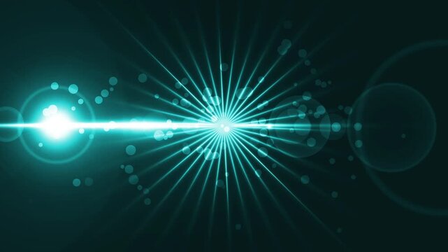 Starburst and horizontal lens flare across dark background animation, glowing bokeh orbs