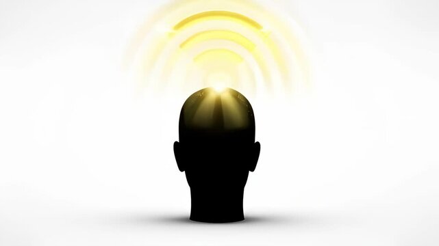 Silhouette of a man head with light waves pulsating from the top. Wi-fi signal coming from a human mind and a brain activity concept.