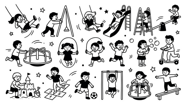 Happy diverse children playing various games and activities in a fun playground, depicted in a cheerful black and white doodle style